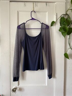 DOROSE size L Sheer Long-Sleeve Navy Women's Top